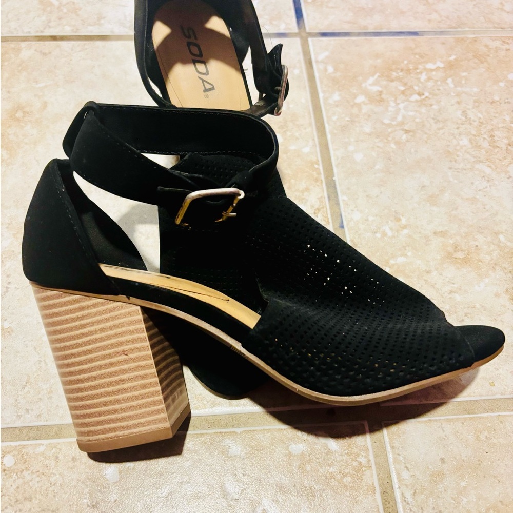 Soda Black and Tan Chunky Heel Sandals